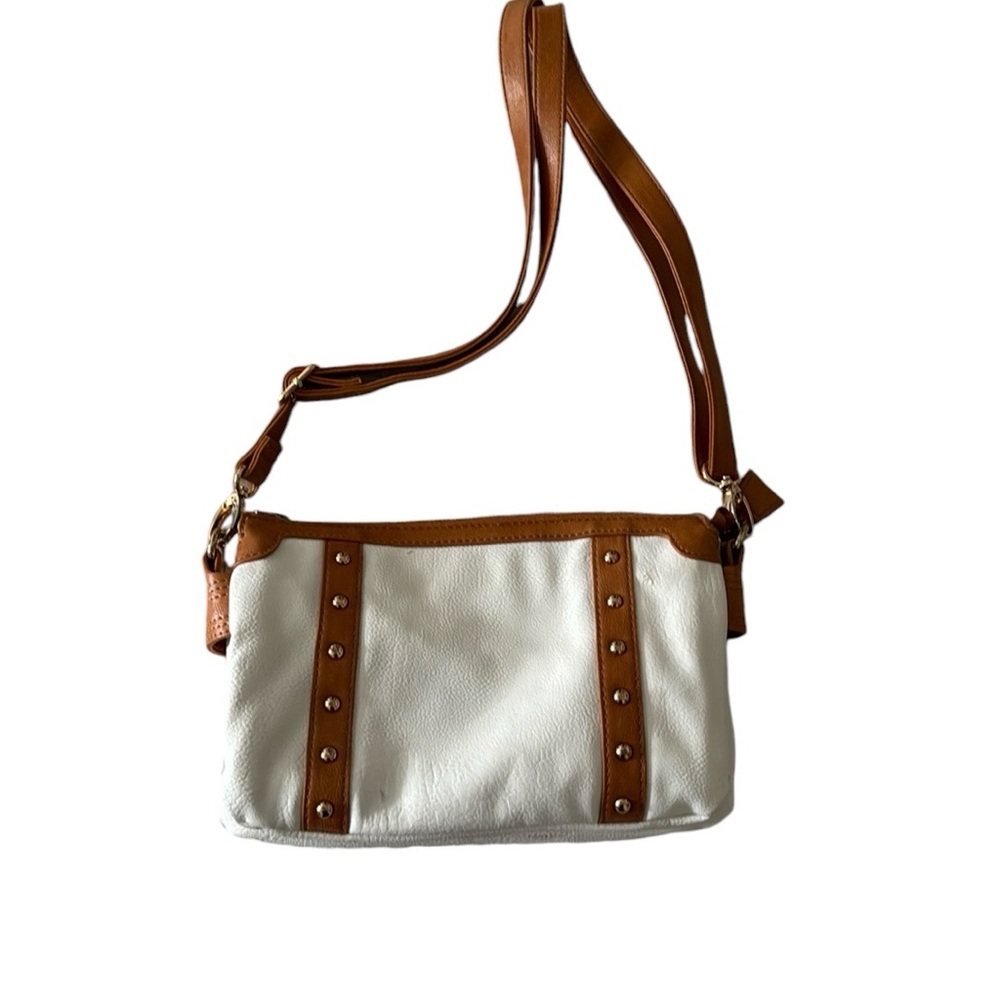 Big Buddha brown faux leather trim white crossbody purse